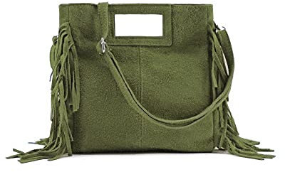 MODELISA - Bolso Bandolera De Mano Con Correa Al Hombro Con Flecos Piel Made In Italy Mujer (Verde)