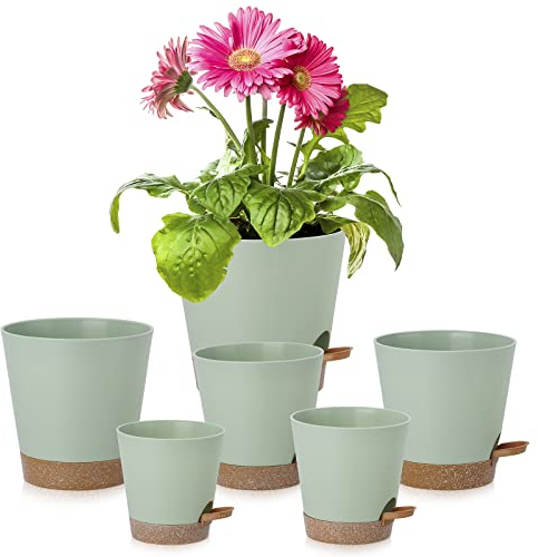 RHtvrll 6 Stück Kunststoff Blumentopf mit Untersetzer - Pflanzgefäß Automatisch gießendes mit Untersetzer für Innen- und Außenbereich gießende Aufbewahrungs- Pflanzgefäße