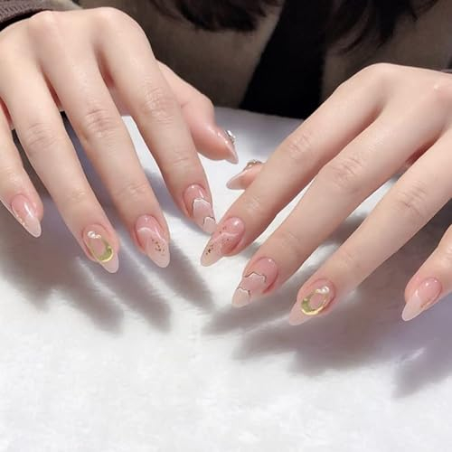 JUSTOTRY 24 Stück Moon Mandel Nägel Zum Aufkleben Kurz,Nude French Press on Nails, Schöne Stars Oval Kunstnägel Fake Nails,Acryl Fingernägel Künstliche Nägel Mittel für Frauen