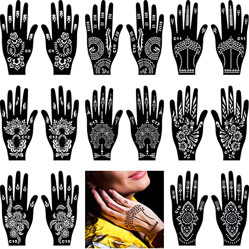 16 Stück Indien Henna Schablonen Set für Frauen Finger Hände Körperbemalung,Temporäre Tattoo Schablonen für Mädchen