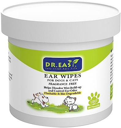 Dr.Easy Pet Ear Grooming Wipes 120ct for Dogs &Cats Fragrance Free,Helps Dissolve Wax Build-Up and Control Ear Odor,flushable & Compostable,Stop Ear Itching Natural Cleansing (120ct)