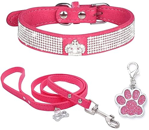 HALFSUMO Strass Hundehalsband Weicher Samt Leder Halsband Hundeleine Combo Set Niedliche Luxus Diamantbesetzt Bling Verstellbares Welpenhalsband für Kleine Mittelgroße Hunde Katzen Rose Rot M