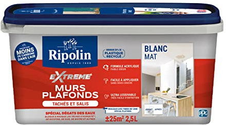 RIPOLIN - Peinture pour Murs et Plafonds Tachés et Salis Extrême - Peinture Anti-Tâche - Blanc Mat - 2,5 Litres