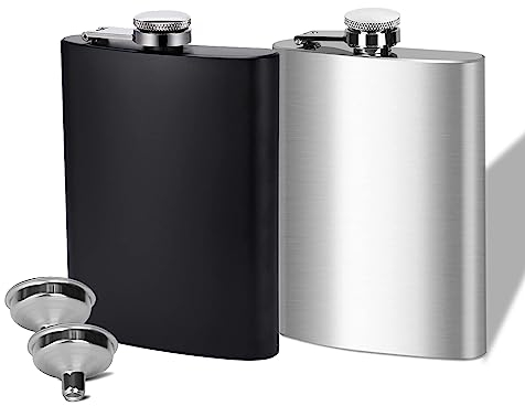 Hniuyun 2 Pcs 8oz Hip Flasks, 304 Stainless Steel Portable Pocket Flask with Funnel, Drinking Flasks for Camping Outdoor Activities (Black and Silver)