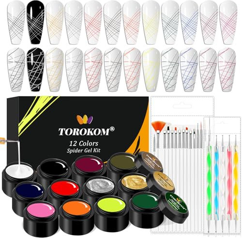 EBANKU Spinnen Nagelgel Set, 12 Farben, Nagelkunst Drahtzeichnungsgel, reflektierendes Zeichnungsnagel Spinnengel Zeichnungsgel für Linien mit 15 Nagelkunstpinseln für Nageldesign, Home Nail Tech