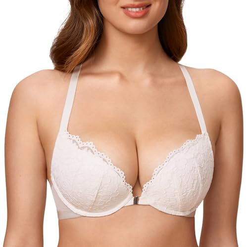 DOBREVA Women's Push Up Bra Support Racer Back Front Fastening Lace Padded Plunge Underwired Bra Coconut White 36B