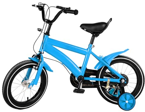 TESUGN 14 Zoll Kinder Fahrrad, Outdoor Sportlich Kinderfahrräder, Fahrrad Rücktrittbremsen mit Stützrädern für Mädchen und Jungen 3-8 Jahre und mehr (Blau)