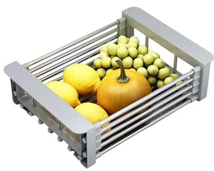 𝗖𝗲𝘀𝘁𝗮 𝗘𝘀𝗰𝘂𝗿𝗿𝗶𝗱𝗼𝗿 𝗧𝗲𝗹𝗲𝘀𝗰𝗼́𝗽𝗶𝗰𝗮. Bandeja de Drenaje para Fregadero Extensible de Acero Inoxidable para Secar Cubiertos y Platos. Escurreplatos para Lavar Frutas y Vegetales.