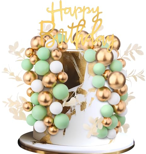 41 Pcs Ball Cake Topper, Green White Gold Cake Decorations Mini Foam Balls Cupcake Topper Boho Grass Cake Topper for Wedding Baby Shower Birthday Party Supplies