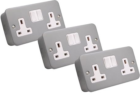 SHPELEC® 13A Premium Switched Metal Clad Double Sockets 2 Gang BS Standard - Available in 1, 2, and 3 Pack Variations (3)