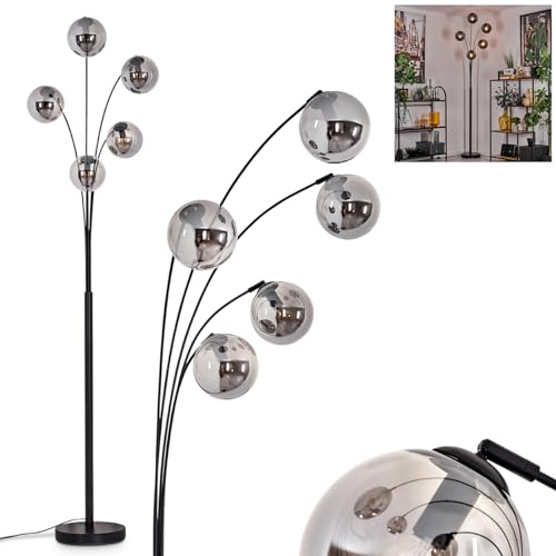 Stehleuchte Gastor, Stehlampe aus Metall/Glas in Schwarz/Rauchfarben, Leuchte im modernen Retro/Vintage-Design mit Schirmen aus Glas (Ø 15 cm) u. Fußschalter, Höhe 210 cm, 5 x E14, ohne Leuchtmittel