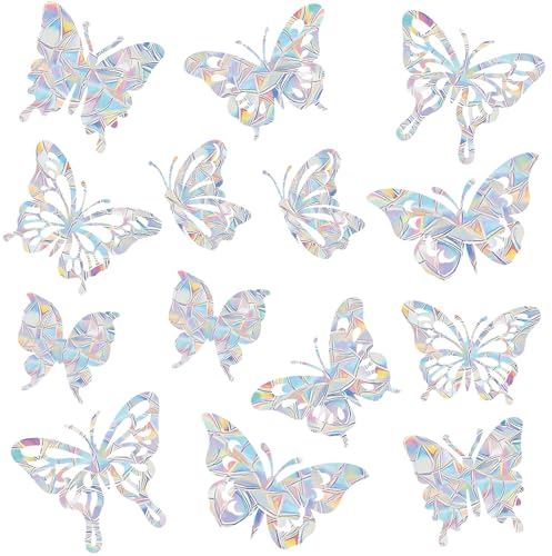 VIKY® Schmetterling Prisma Fensteraufkleber Vogelschutz,14 Stück Vogelschutz für Glasscheiben,PVC Suncatcher Sticker Regenbogen Fensterfolie,Anti-Kollisions-Aufkleber,Vogelschutz Aufkleber für Fenster