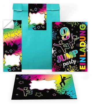 10 Einladungskarten zum 9. Kindergeburtstag Jump Trampolin Party Trampolin neon Einladung Set Geburtstag Mädchen Kinder Jungs Jungen Boys Geschenktüte inkl. 10 Umschläge, 10 Tüten, 10 Aufkleber