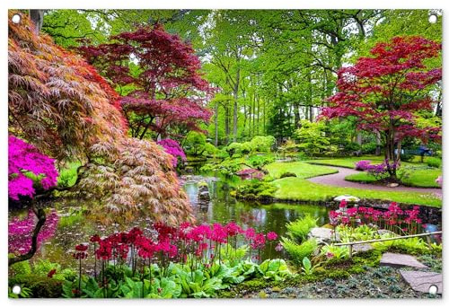 MuchoWow© Gartenposter 90x60 cm Outdoor Bilder Gartendeko für draußen Wetterfest Garten Terrassen Sichtschutz Deko Banner Draußen Bild Bäume - Blumen - Japanisch - Natur - Wasser
