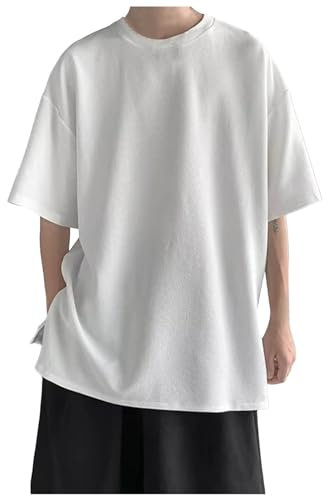 Kurzarm-T-Shirt für Herren, unregelmäßig gespleißt, Rundhalsausschnitt, Sinn für Design, modisch, geteilt, einfarbig, halbe Ärmel, Temperament, Fünfviertel-Ärmel-Oberteil Retro Hemd (White, XXXL)