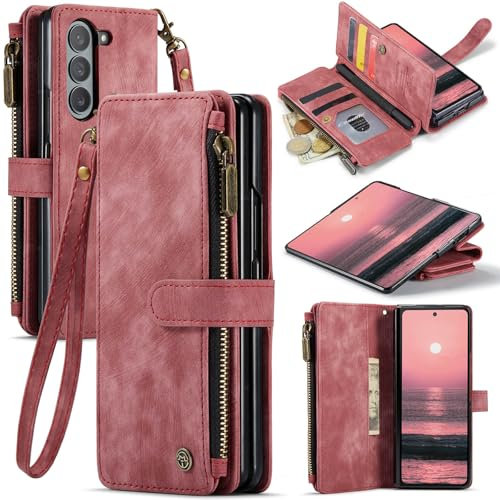 UEEBAI Custodia a portafoglio per Samsung Galaxy Z Fold 6 5G, realizzata a mano, in pelle PU, con scomparti per carte di credito, chiusura magnetica, tasca con cerniera, cavalletto e cinturino da
