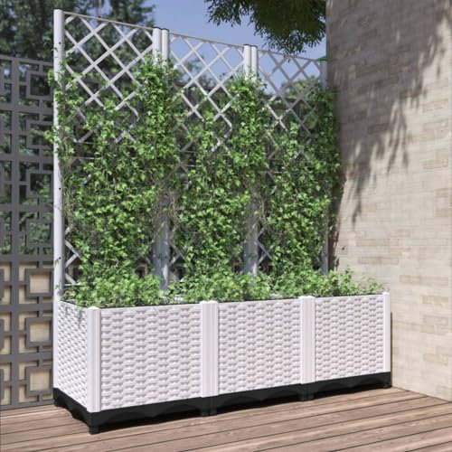 Tino Tech Pflanzkübel mit Rankgitter 120x40x136 cm PP Anzuchtbeet Gemüsebeet Gartenbeet Blumenbeet Pflanzenbeet Blumenkübel für Balkon Blumenkasten Garten Pflanzkasten Balkonkasten Weiß