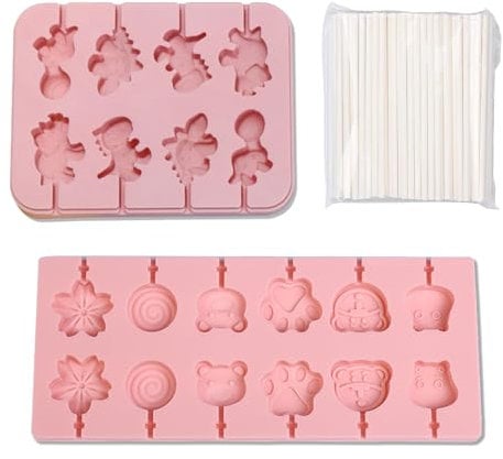 2 Pcs Silicone Lollipop Mould and 100Pcs Lollipop Sticks, Chocolate Lolly Moulds, 8 Cavity and 12 Cavity Lollipop Moulds with Sticks, Use for Making Chocolate, Hard Candy Ice Cube Party (Pink)