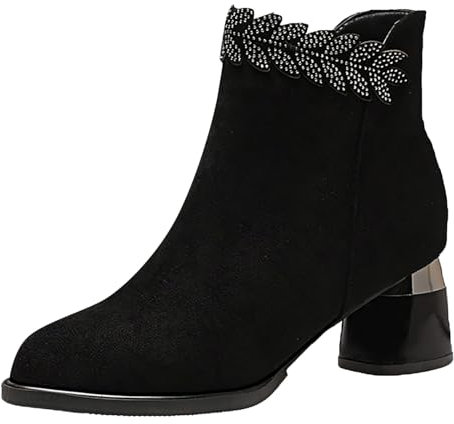 Moda Donna Flock Tacchi Quadrati Cerniera Strass Breve Stivaletti Tenere Caldo Punta Rotonda Scarpe Donna Stivali Patriottici, Nero , 39.5 EU