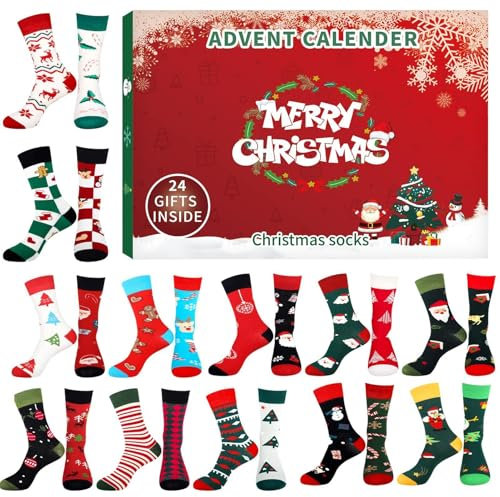 Weihnachts-Adventskalender 2024 Socken, 24 Tage Weihnachts-Adventskalender, 12 Paar Unisex-Socken-Adventskalender, Lustige Weihnachts Warme Socken, Countdown-Kalender Für Weihnachtsfeier Männer Frauen