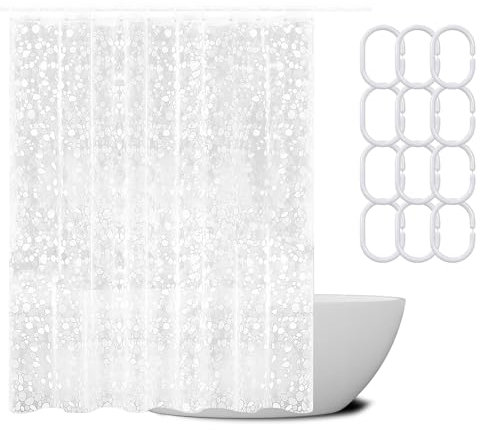 IETWATE Wasserdichter Duschvorhang, 180 x 200 cm, 3D-Kieselstein-Duschvorhänge für Badezimmer, klarer Duschvorhang, widerstandsfähig, PEVA, extra langer Duschvorhang mit 12 Haken, für Zuhause