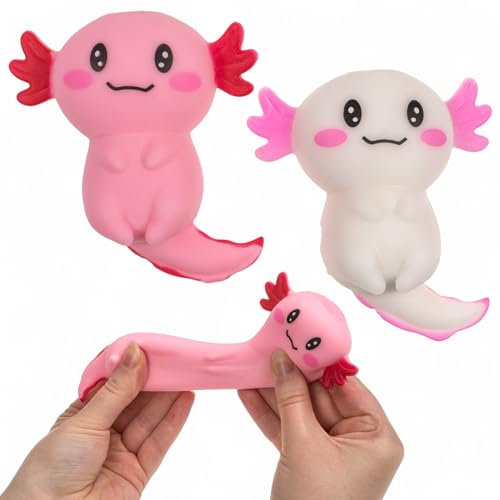 MIJOMA Axolotl Lot de 2 balles anti-stress extensibles avec remplissage en sable de quartz - Gadget anti-stress en rose et blanc - 9,5 x 8 cm - Pour soulager le stress et apaiser