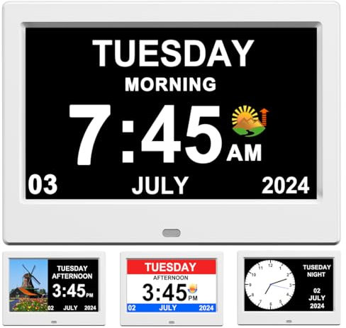 TIMEMOON Alarm Clock with Day and Date for Elderly 7inch Digital Calendar Photo Frame- Auto Dimmable Display 15 Alarm Options with Non-Abbreviated Day & Month (7in White)