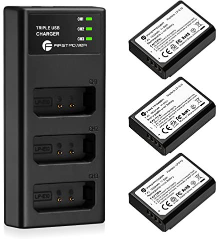 FirstPower LP-E10 Battery 3-Pack and Triple Slot Charger Compatible with Canon EOS Rebel T100, T7, T6, T5, T3, Kiss X50, X70, X80, X90, 1100D, 1200D, 1300D, 1500D, 2000D, 3000D, 4000D Digital Cameras