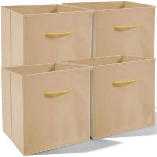 Amazing Tour Cube Storage Boxes, Foldable with Handles, 4 Pack | 27x27x27cm, Khaki Fabric, Collapsible for Home Office Nursery, Clothes Basket Organizer, Lightweight & Stackable