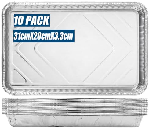 MUAMAX 10 Disposable Aluminum Foil Baking Trays,(32x20x3.3),Tin Foil Containers for Bakes,Aluminium Foil Tray Bakes,Rectangular Tin Tray for Baking,Cooking,Roasting