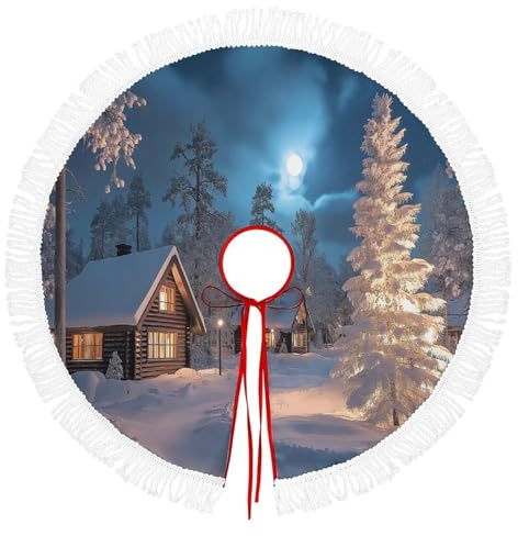 Weihnachtsbaumdecke Rund 90cm, Christbaumdecke Rund mit Weihnachtswald-Holzhaus Weihnachtsbaum Teppich für Weihnachtsbaumschmuck, Feiertagsfeiern, Blau