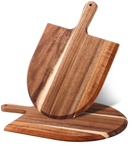 LDHHYH 2 Stück Pizzabrett Holz, Akazie Pizzaschaufel 40x30cm, Hochwertiger Pizzaheber Holz mit Handgriff, Multifunktionales Schneidebrett & Pizza Brett