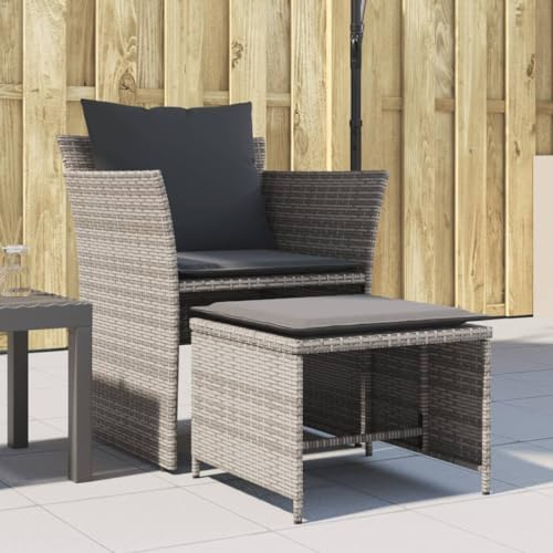 Bucmath Gartenstuhl mit Fußhocker, Grau Poly Rattan, 110 kg Tragkraft, bequemer Outdoor Sessel für Balkon, Terrasse und Garten, witterungsbeständig
