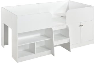 Swish Furniture Nova White Single Bed with Storage Cabin Bed Low Sleeper | Kids Bed Frame with Shelving and Storage Cupboard, Mid Sleeper 3ft 90cm Single Bed Frame 94cm H x 106.9cm D x 194cm W