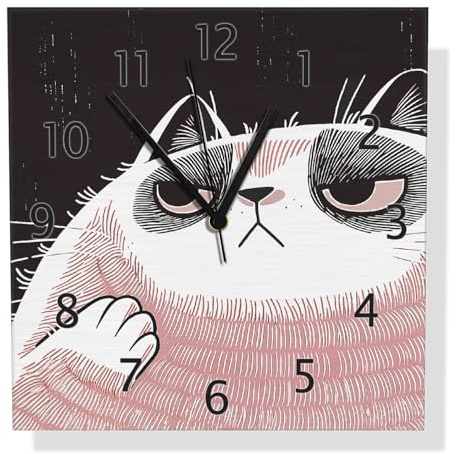 Wallario Design Wanduhr Schmollende Katze aus Aluverbund, Alu-Uhr Größe 30 x 30 cm, Schwarze Zeiger mit Metalloptik