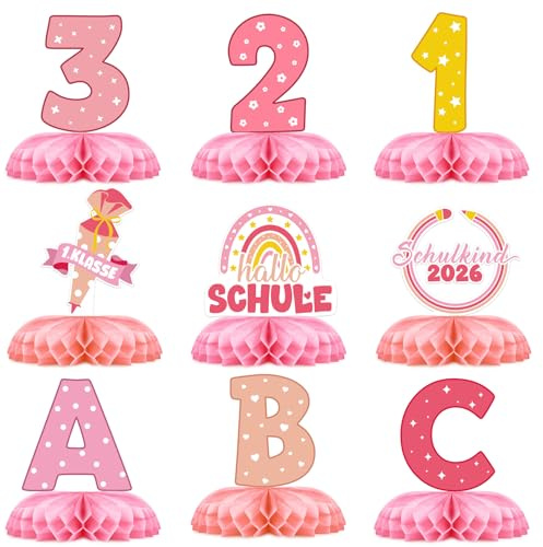 9 Stück Einschulung Deko,Schulanfang Party Honigwabe Mittelstücke,Schulanfang Deko,Tischdeko Bienenwaben,Schuleinführung Schulanfang Einschulung Party Dekoration Tischdekoration