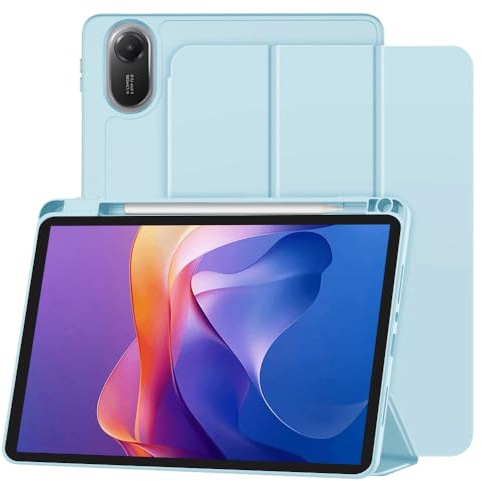 Techsuit für Xiaomi Redmi Pad 2 Hülle mit Stifthalter, Dreifach Faltbarer Ständer, Schlankes Design, Anti Fingerabdruck, Präzise Aussparungen, Flex Trifold Series, Himmelblau