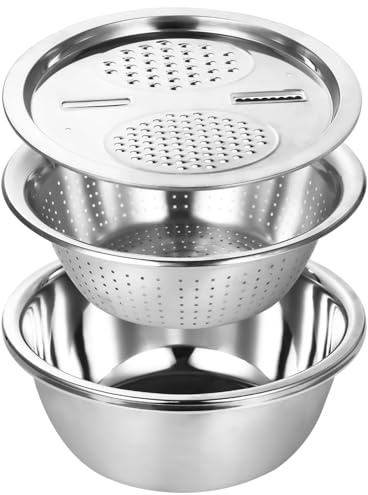Multifunctional Stainless Steel Basin with Grater, 11 in / 28 cm Salad Maker Bowl, Vegetable Slicer Shredder Colander, Stainless Steel Grater Bowl Set for Kitchen