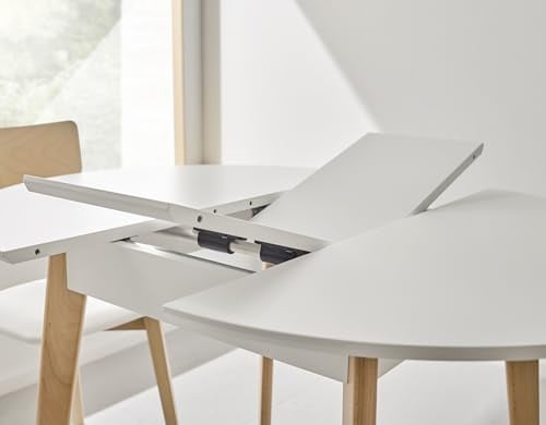 V VELASCO Mesa de Comedor Redonda Extensible Ana (90 a 115 cm) | Mesa de Cocina Nórdica de Madera de Haya Maciza | Tablero Blanco Premium Satinado, Estilo Escandinavo para Espacios Pequeños