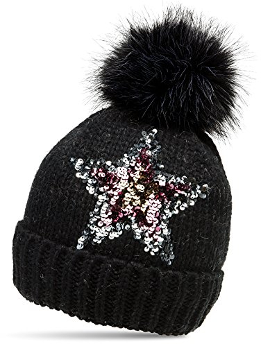 Caspar MU161 Damen Strick Winter Mütze mit Pailletten Stern und großem Fellbommel, Farbe:schwarz, Größe:One Size