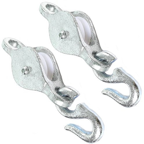 2x Galvanised Washing Line Pulleys & Hooks - Heavy Duty Clothes Dryer Cord Winch Wheel