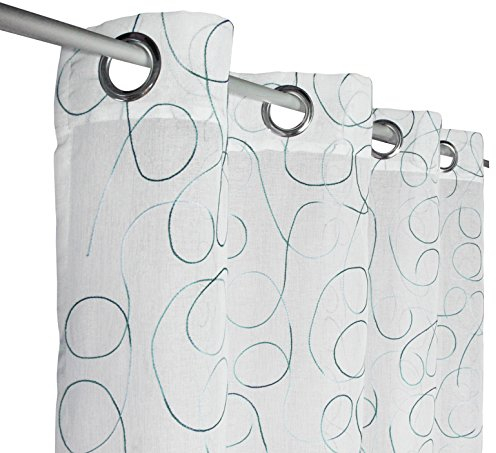 Haus und Deko Ösen Vorhang modern Art Gardine halbtransparent Weiß farbig Bestickt ca. 140x245 cm Zierstich Stickerei Türkis Blau-Grün