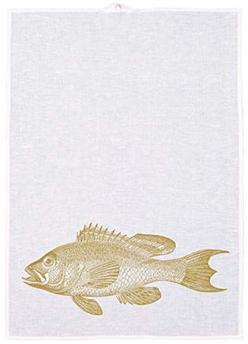Frohstoff - Geschirrtuch Trockentuch Küchentuch - Halbleinen - Fisch Barsch - Weiß/Senfgelb- 50 x 70 cm