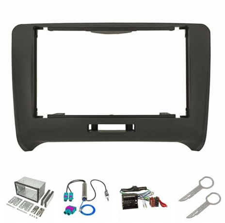 tomzz Audio 2403-063 Doppel DIN Radioblende Set kompatibel mit Audi TT 8J Bj.2007-2014 anthrazit mit Quadlock Aktivsystemadapter für Bose Doppel Fakra Antennenadapter DIN Entriegelungsbügel