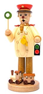 Drechslerei Friedbert Uhlig, Räuchermännchen Nr. 049/N, Eisenbahner, Natur, 25 cm hoch, aus regionalem Holz gedrechselt, echte Handarbeit aus dem Erzgebirge, Weihnachten, Echtholz