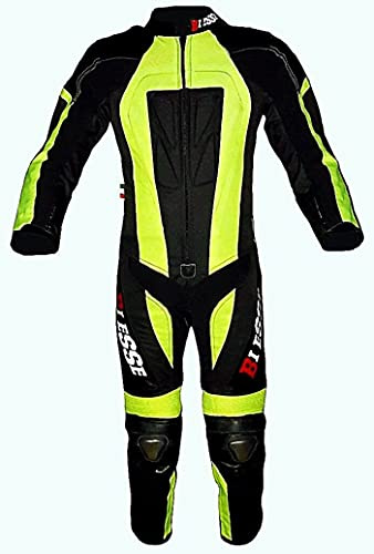 BI ESSE - Tuta da MINIMOTO per bambino in pelle e cordura professionale, completa di protezioni (Nero/Giallo Fluo, XXL (12-13 anni))