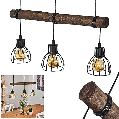 HOFSTEIN Pendelleuchte Cool Spring, längliche Vintage Hängelampe aus Metall, Höhe 152,5 cm, 3-flammig, 3 x E27, Retro Hängeleuchte mit Holzbalken,ohne Leuchtmittel