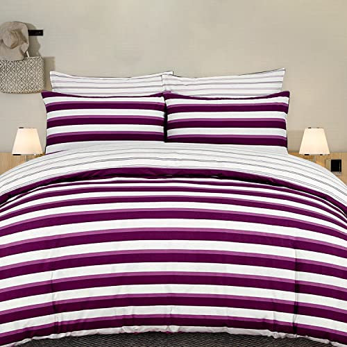 DTEX HOMES King Size Duvet Cover Sets 100% Pure Cotton Reversible Printed Hotel Quality Duvet Cover Ultra Soft Easy Care bedding sets king size Super Soft and Luxury Duvet Cover Sets (Stripes Purple)
