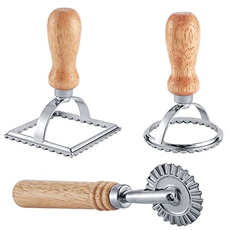 Ravioli Maker Stamp Cutter with Roller Wheel Set, Pasta Maker Mold with Wooden Handle and Fluted Edge, Ravioli Cutter and Press Stamp – for Pasta, Dumplings Lasagna, Pierogi (3 Set with Cutter)
