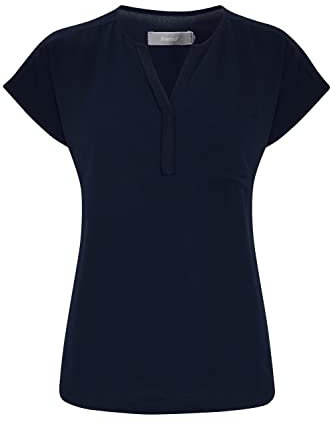 fransa FRZawov Damen Shirt Kurzarmshirt Kurzarmbluse Bluse mit V-Auschnitt mit überschnittener Schulter und aufgesetzte Tasche, Größe:2XL, Farbe:(NOOS) Black Iris (60410)